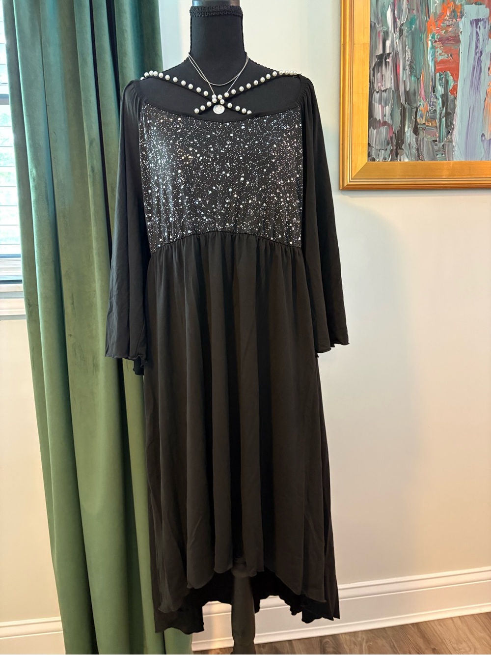 SHEIN Black Long Sleeve Midi Dress with Pearl Trim Neckline